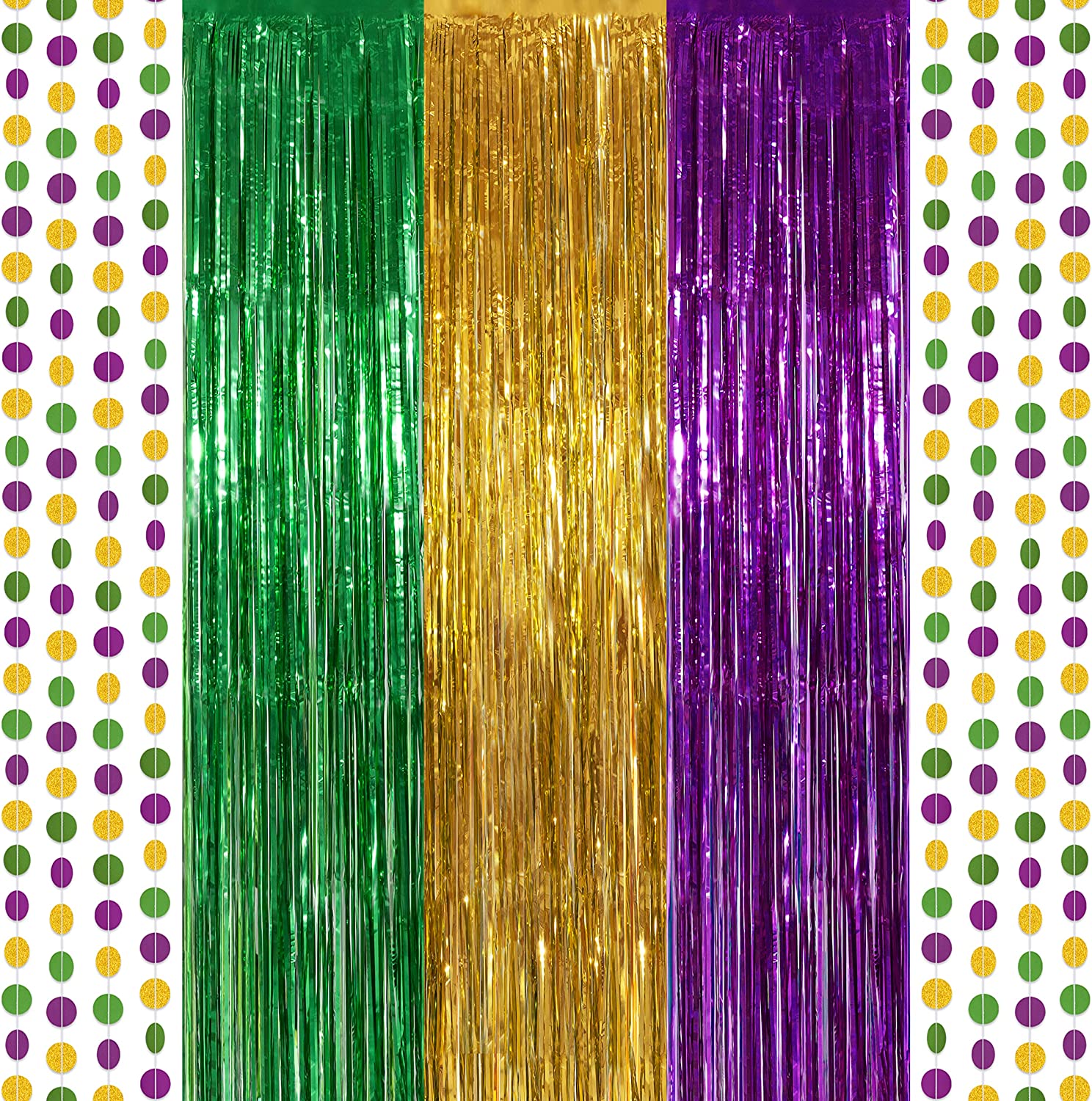 Mardi Gras Foil Fringe Curtain & Bead Garland in Green Gold Purple
